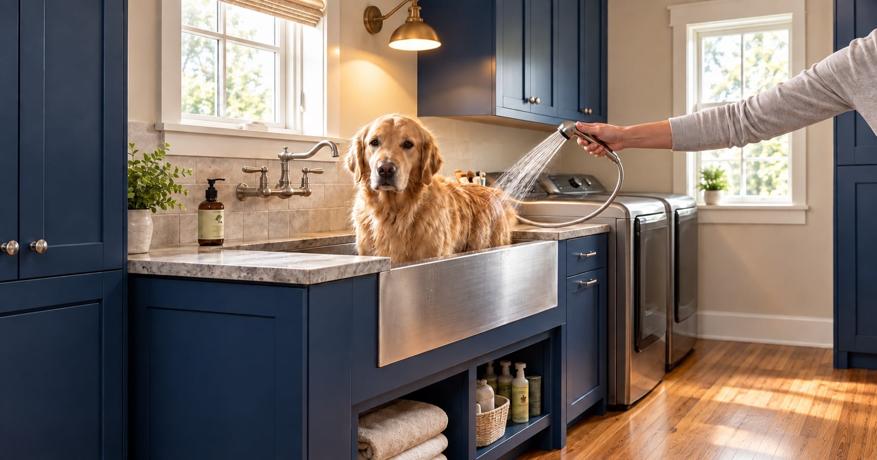 Navy laundry cabinetry with a raised dog-washing sink