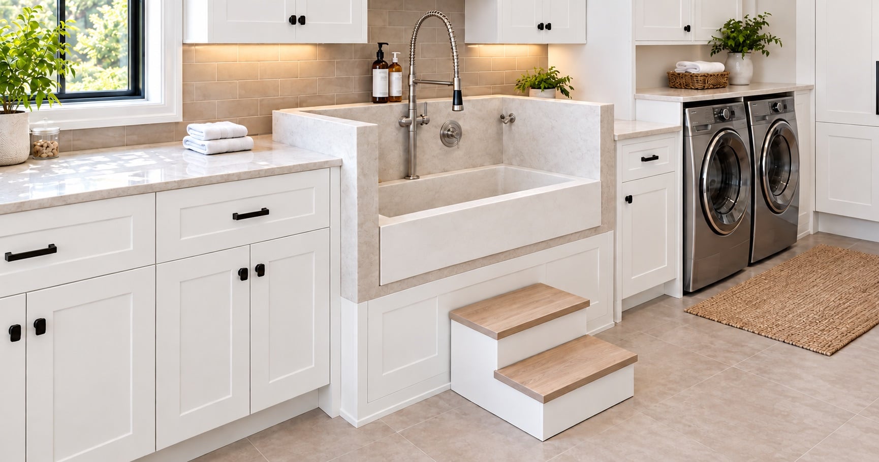 White laundry cabinetry with a built-in pet wash and adjacent washer and dryer