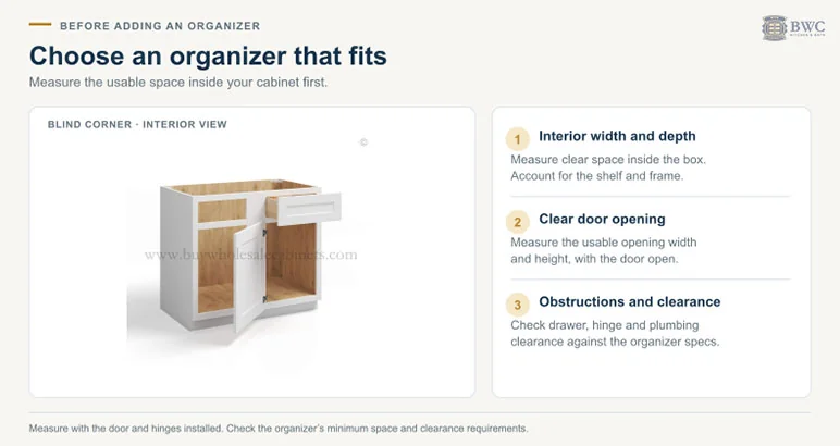 Blind corner base cabinet interior: measure width, depth, door opening and clearance before adding an organizer