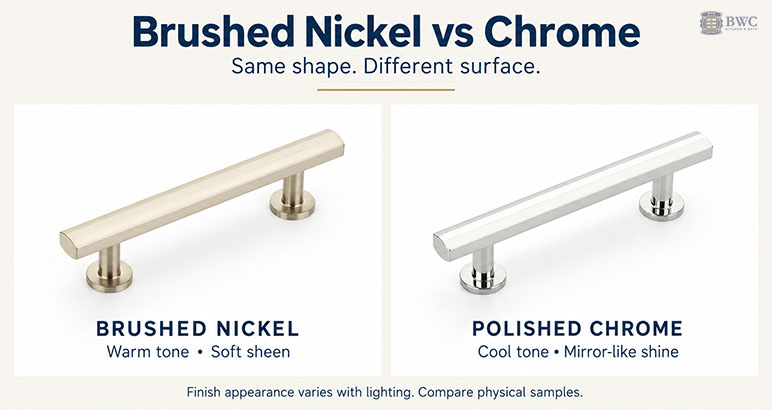 Brushed nickel and polished chrome cabinet pulls compared for tone and surface sheen