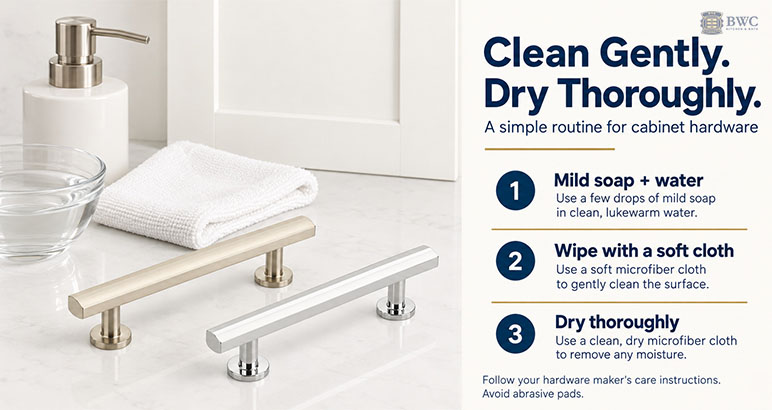 Cabinet hardware cleaning steps using mild soap, a soft cloth and thorough drying