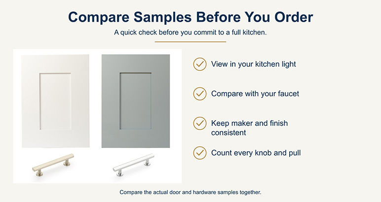 Cabinet door and hardware samples with a checklist for comparing finishes before ordering