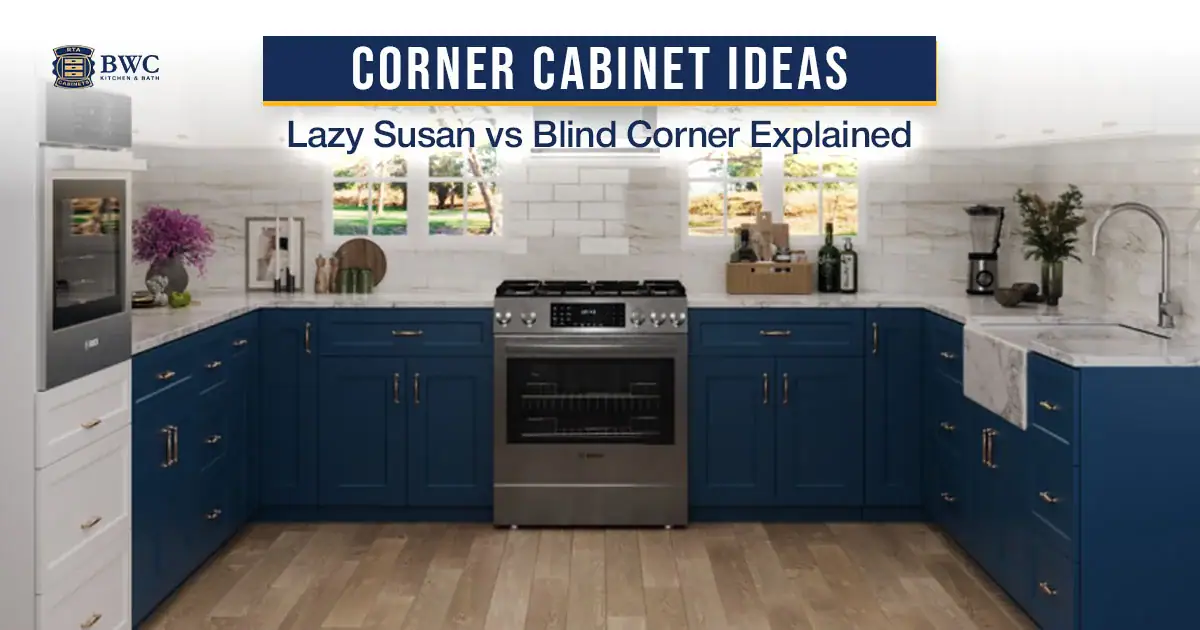 Corner cabinet ideas guide cover: U-shaped kitchen with navy blue shaker cabinets on both corners