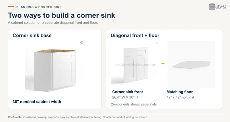 Two ways to build a corner sink: a 36-inch corner sink base cabinet or a diagonal sink front with a 42 x 42-inch floor