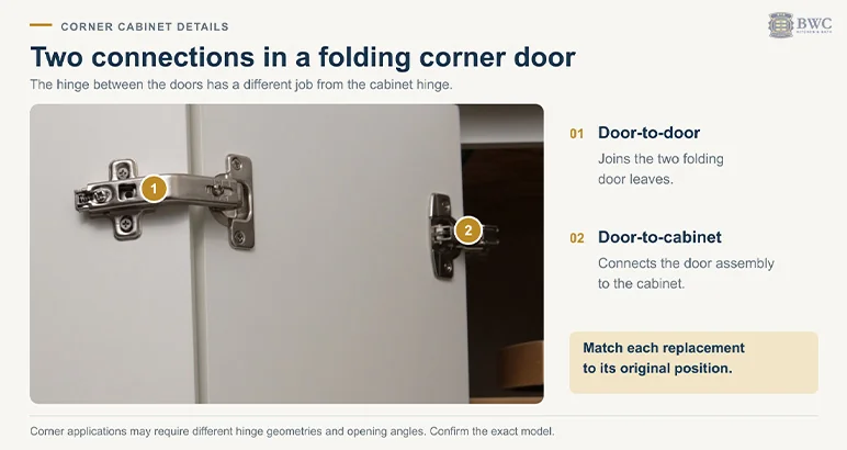 Door-to-door and door-to-cabinet hinges on a folding corner cabinet door