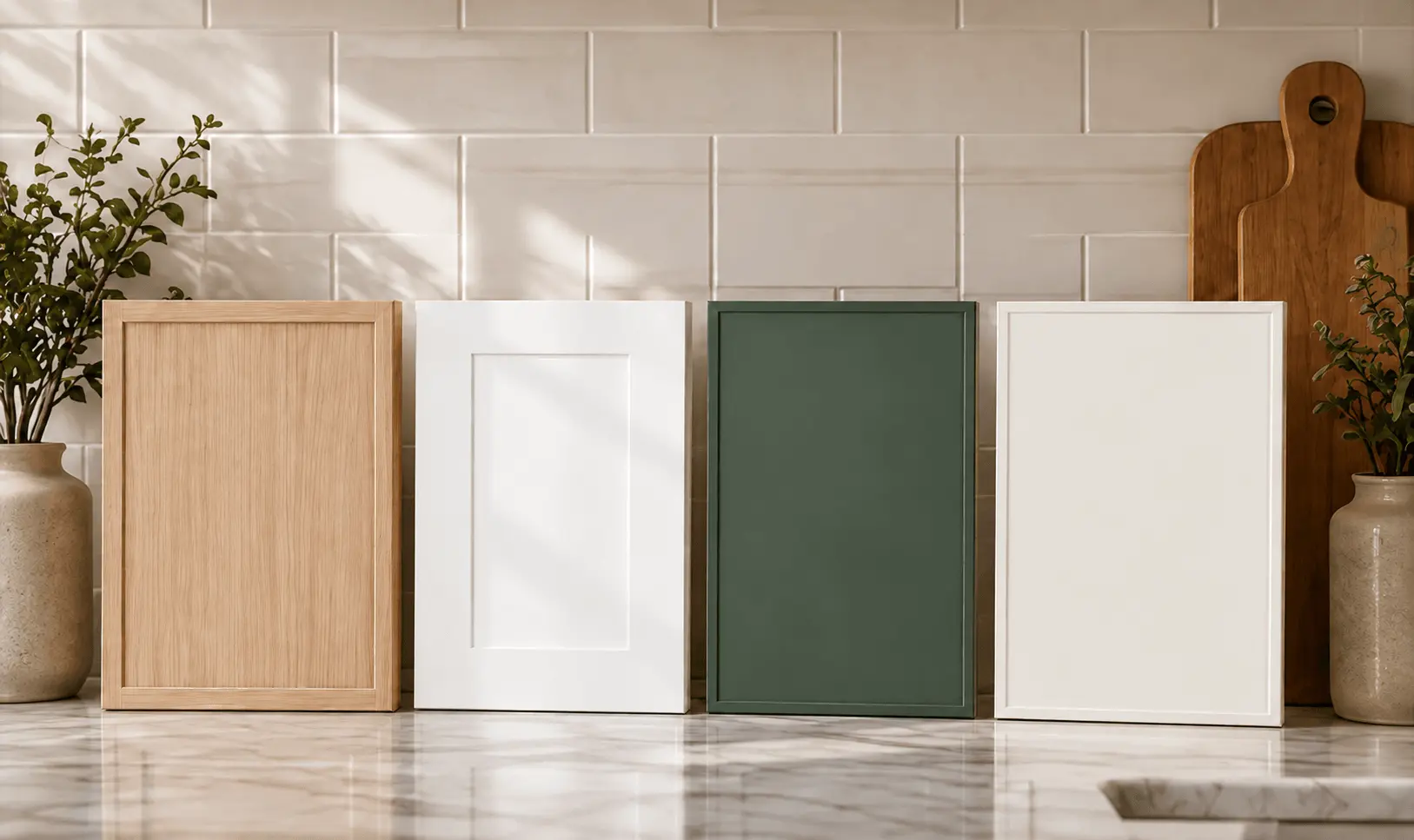 Oak, white, green, and ivory cabinet sample doors on a kitchen countertop.