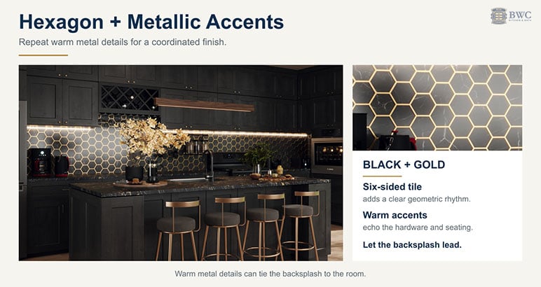 Black kitchen cabinets with a black hexagon backsplash and warm gold accent lines