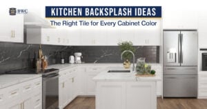 White kitchen cabinets with a dark marble-look backsplash and kitchen backsplash ideas title
