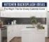 White kitchen cabinets with a dark marble-look backsplash and kitchen backsplash ideas title