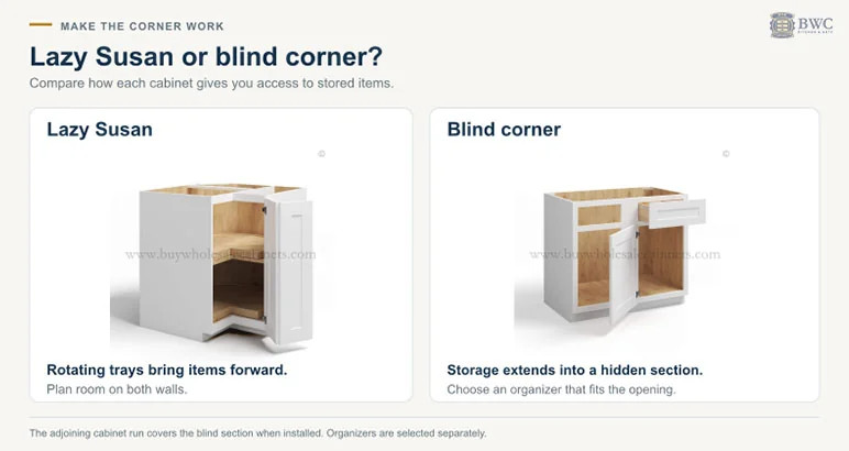 Lazy Susan corner cabinet with rotating trays next to a blind corner base cabinet with a hidden section