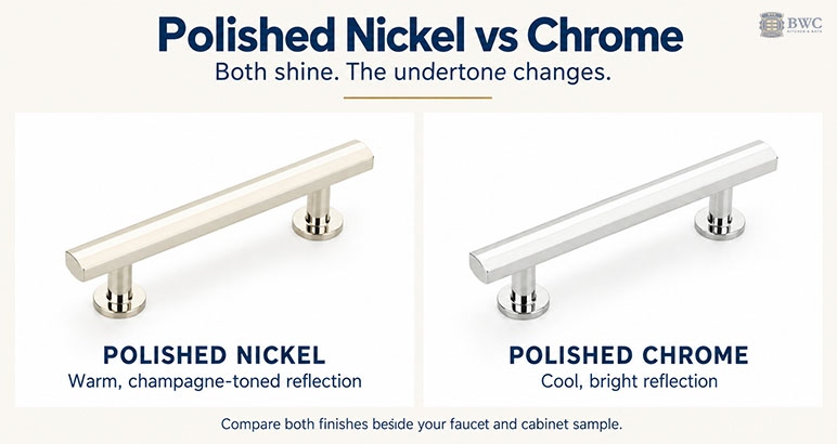 Polished nickel and polished chrome pulls compared for warm and cool reflections