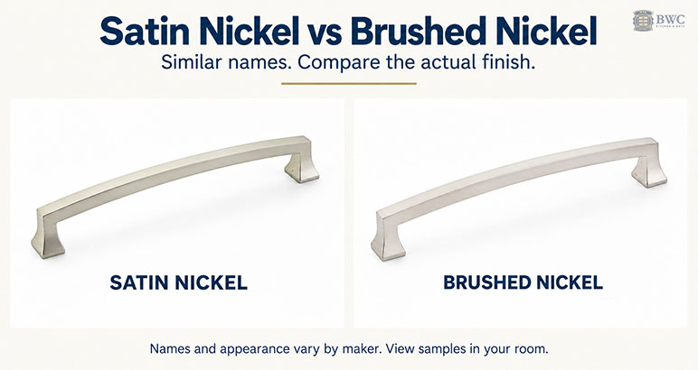 Satin nickel and brushed nickel cabinet pulls shown side by side
