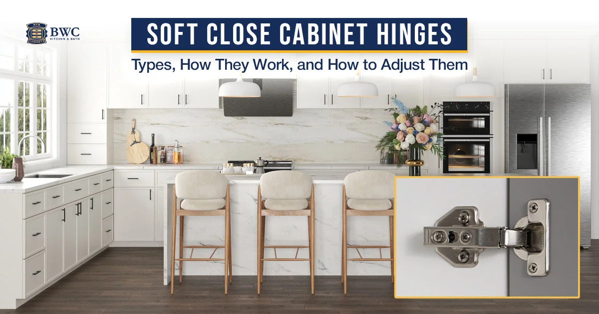 Soft close cabinet hinges guide cover: white kitchen with a close-up of a concealed hinge