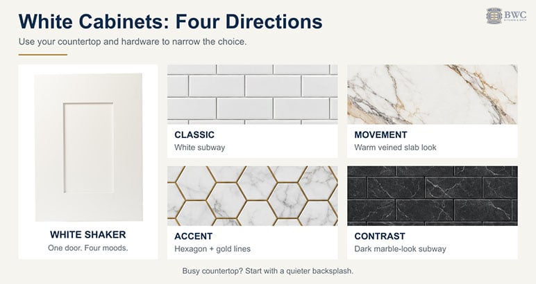 Four backsplash options for white cabinets: subway tile, veined slab, gold-accent hexagon and dark tile